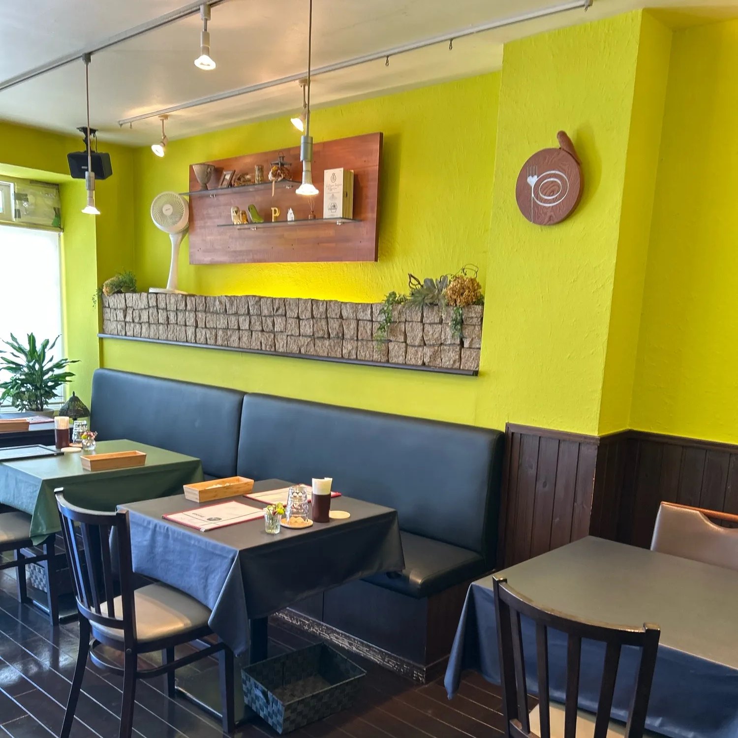 ピーチェリーノの店内。鮮やかなイエローグリーンの壁と、ゆったりしたソファ席のあたたかな空間